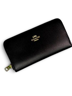 Coach Black Leather Zip Wallet with Gold Logo
